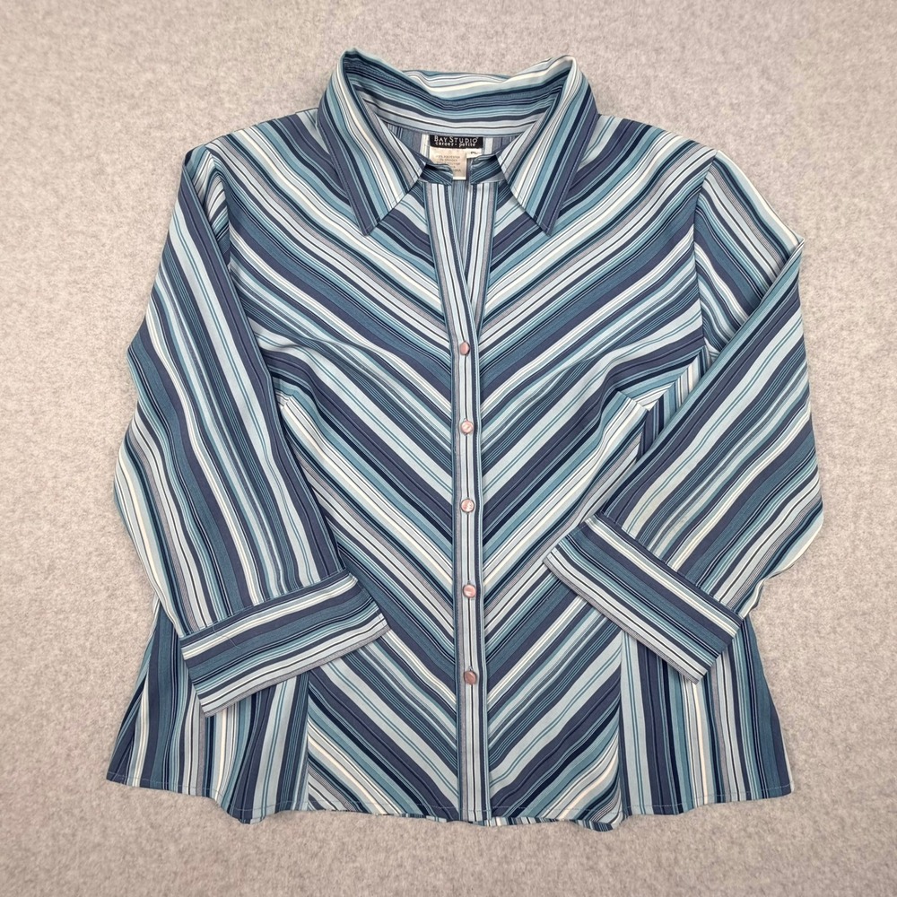 Bay Studio Career Petite Blue Striped 3/4 Sleeve Button Up Blouse PL M2U119P